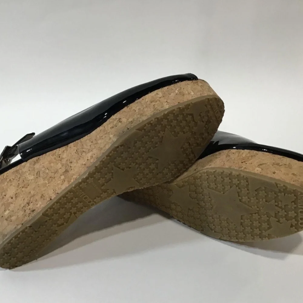 Women’s Jimmy Choo Black Patent Peep Toe Slingback Cork Wedges Size 41